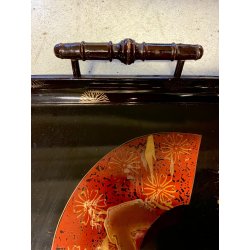 VASSOIO CINESE LEGNO SMALTO LACCATO NERO DECORO FLOREALE CHINOISERIE MID CENTURY