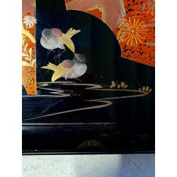 VASSOIO CINESE LEGNO SMALTO LACCATO NERO DECORO FLOREALE CHINOISERIE MID CENTURY