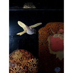 VASSOIO CINESE LEGNO SMALTO LACCATO NERO DECORO FLOREALE CHINOISERIE MID CENTURY