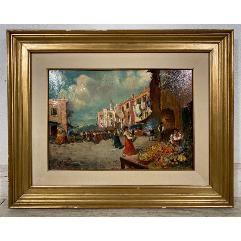 DIPINTO OLIO D. R. Gennaro (?) PAESAGGIO COSTIERA SCENA di MERCATO FIORAIA '900