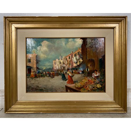 DIPINTO OLIO D. R. Gennaro (?) PAESAGGIO COSTIERA SCENA di MERCATO FIORAIA '900