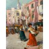 DIPINTO OLIO D. R. Gennaro (?) PAESAGGIO COSTIERA SCENA di MERCATO FIORAIA '900