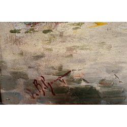 DIPINTO OLIO D. R. Gennaro (?) PAESAGGIO COSTIERA SCENA di MERCATO FIORAIA '900