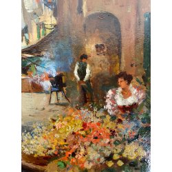DIPINTO OLIO D. R. Gennaro (?) PAESAGGIO COSTIERA SCENA di MERCATO FIORAIA '900