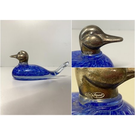 FIGURA ANATRA PAPERA DUCK VETRO MURANO BLU TESTA METALLO ARGENTATO 5,5 cm/h '70