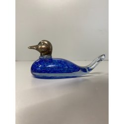 FIGURA ANATRA PAPERA DUCK VETRO MURANO BLU TESTA METALLO ARGENTATO 5,5 cm/h '70