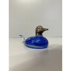 FIGURA ANATRA PAPERA DUCK VETRO MURANO BLU TESTA METALLO ARGENTATO 5,5 cm/h '70