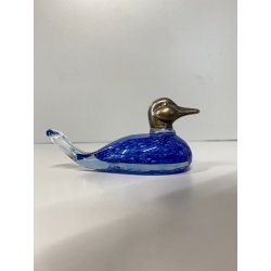 FIGURA ANATRA PAPERA DUCK VETRO MURANO BLU TESTA METALLO ARGENTATO 5,5 cm/h '70