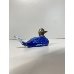 FIGURA ANATRA PAPERA DUCK VETRO MURANO BLU TESTA METALLO ARGENTATO 5,5 cm/h '70