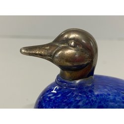 FIGURA ANATRA PAPERA DUCK VETRO MURANO BLU TESTA METALLO ARGENTATO 5,5 cm/h '70