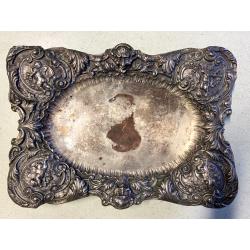 ANTICO VASSOIO METALLO ARGENTATO CENTROTAVOLA DECORO BAROCCO BACCO PUTTI FOGLIE