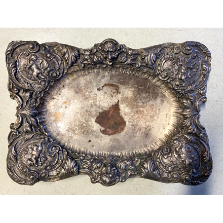 ANTICO VASSOIO METALLO ARGENTATO CENTROTAVOLA DECORO BAROCCO BACCO PUTTI FOGLIE