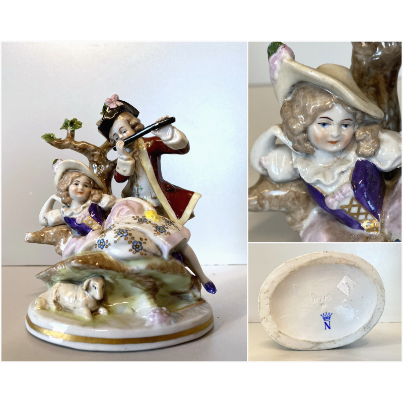 STATUINA FIGURA PORCELLANA CAPODIMONTE SCENA ROMANTICA DAMA GENTILUOMO FLAUTO