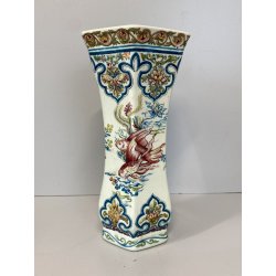 VASO CERAMICA Boch Changhai Belgium   7 CELADON DECORO POLICROMO PESCI UCCELLI