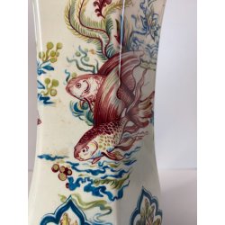 VASO CERAMICA Boch Changhai Belgium   7 CELADON DECORO POLICROMO PESCI UCCELLI