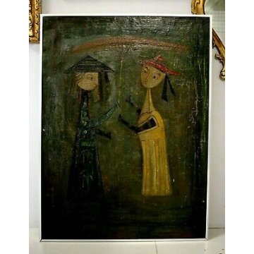 ANTICO QUADRO DIPINTO ASTRATTO Bruno Capacci SORELLE OLIO SABBIA TELA MATERICO 