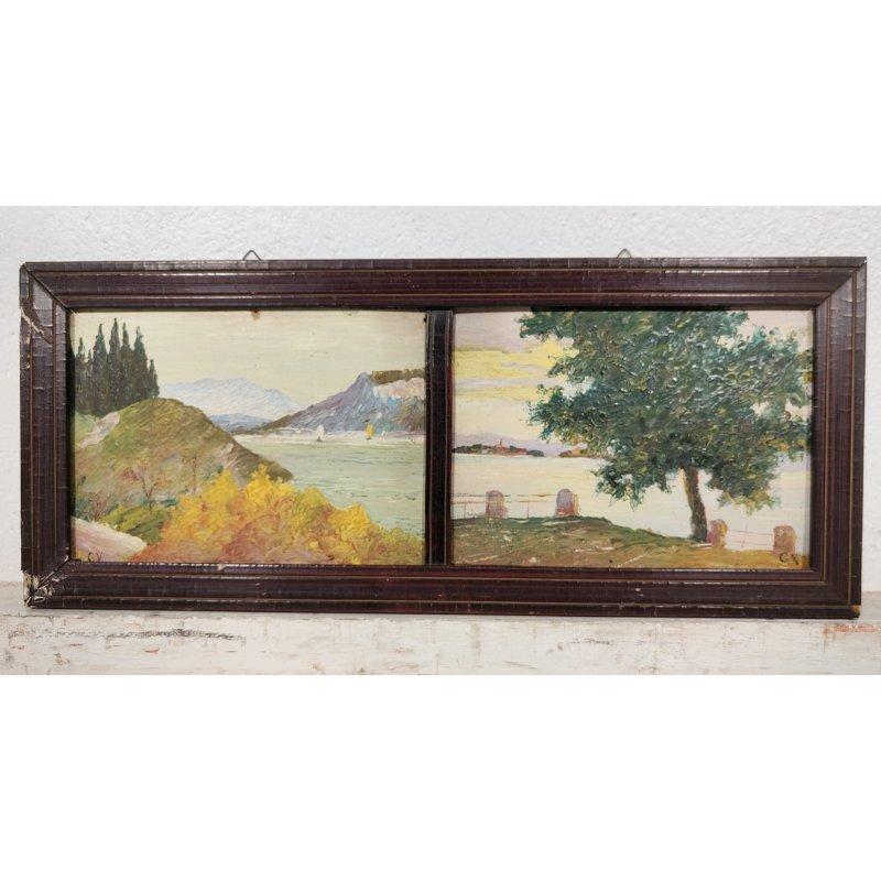 ANTICO QUADRO DIPINTO OLIO Firmato Monogramma G. V. PAESAGGIO Lago Maggiore