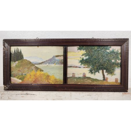 ANTICO QUADRO DIPINTO OLIO Firmato Monogramma G. V. PAESAGGIO Lago Maggiore