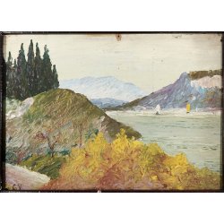 ANTICO QUADRO DIPINTO OLIO Firmato Monogramma G. V. PAESAGGIO Lago Maggiore