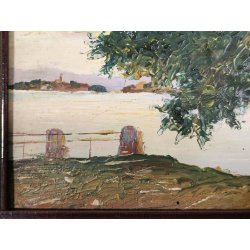 ANTICO QUADRO DIPINTO OLIO Firmato Monogramma G. V. PAESAGGIO Lago Maggiore