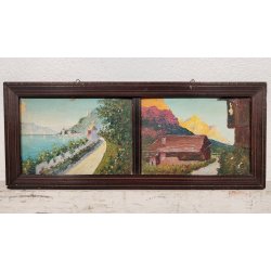 ANTICO QUADRO DIPINTO OLIO CARTONE Bozzetto Preparatorio PAESAGGIO Lago Maggiore