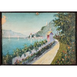 ANTICO QUADRO DIPINTO OLIO CARTONE Bozzetto Preparatorio PAESAGGIO Lago Maggiore