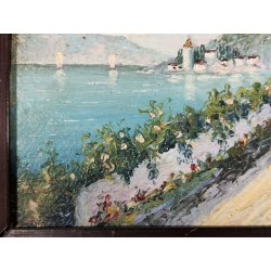 ANTICO QUADRO DIPINTO OLIO CARTONE Bozzetto Preparatorio PAESAGGIO Lago Maggiore