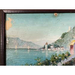 ANTICO QUADRO DIPINTO OLIO CARTONE Bozzetto Preparatorio PAESAGGIO Lago Maggiore