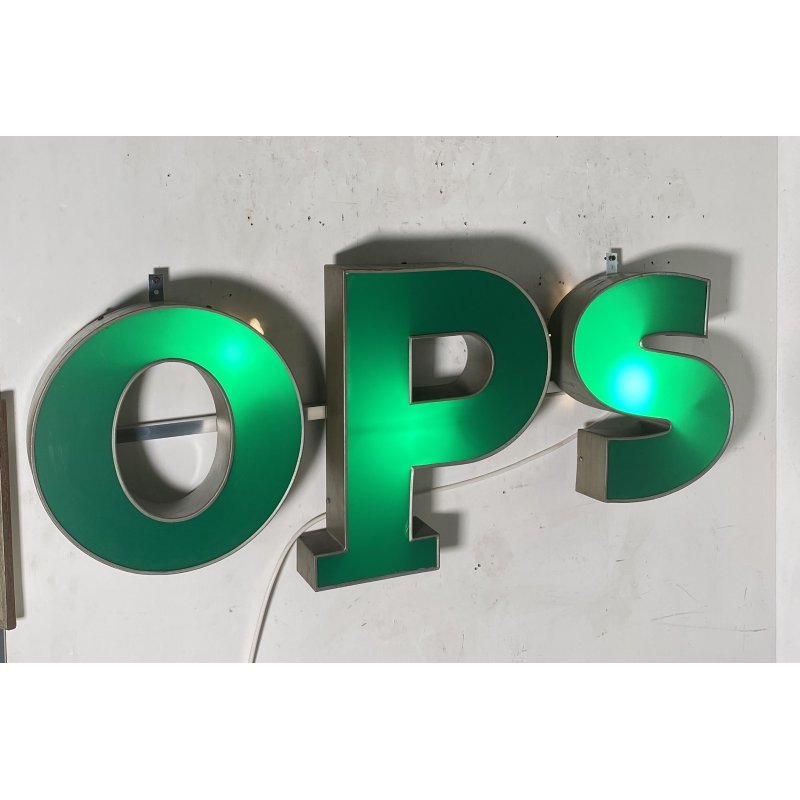GRANDE INSEGNA LUMINOSA TARGA "OPS" NEGOZIO SCRITTA ILLUMINATA CARTELLO VINTAGE