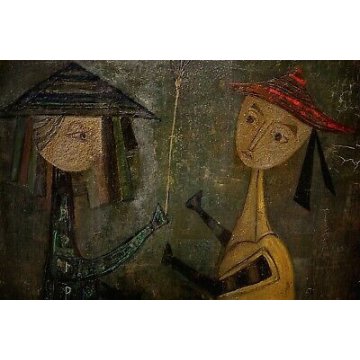 ANTICO QUADRO DIPINTO ASTRATTO Bruno Capacci SORELLE OLIO SABBIA TELA MATERICO 