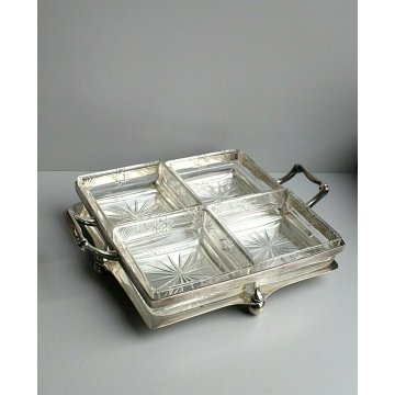  ANTIPASTIERA TRAY 4 GLASS SILVERPLATE CRISTALLO MOLATO VINTAGE FOOTED SERVING