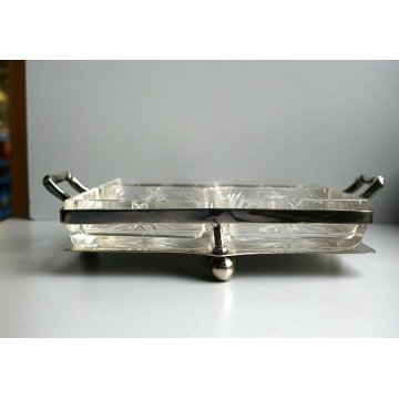  ANTIPASTIERA TRAY 4 GLASS SILVERPLATE CRISTALLO MOLATO VINTAGE FOOTED SERVING