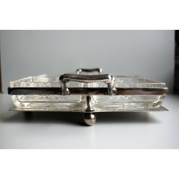  ANTIPASTIERA TRAY 4 GLASS SILVERPLATE CRISTALLO MOLATO VINTAGE FOOTED SERVING