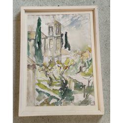 ANTICO QUADRO DIPINTO ACQUERELLO Firmato epoca 1961 PAESAGGIO Chiesa Campanile