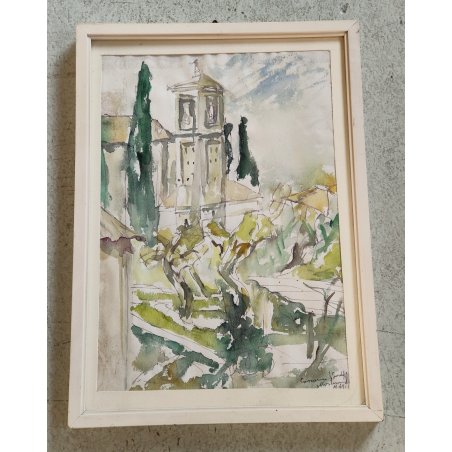 ANTICO QUADRO DIPINTO ACQUERELLO Firmato epoca 1961 PAESAGGIO Chiesa Campanile