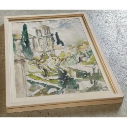 ANTICO QUADRO DIPINTO ACQUERELLO Firmato epoca 1961 PAESAGGIO Chiesa Campanile