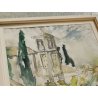 ANTICO QUADRO DIPINTO ACQUERELLO Firmato epoca 1961 PAESAGGIO Chiesa Campanile