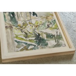 ANTICO QUADRO DIPINTO ACQUERELLO Firmato epoca 1961 PAESAGGIO Chiesa Campanile