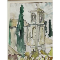 ANTICO QUADRO DIPINTO ACQUERELLO Firmato epoca 1961 PAESAGGIO Chiesa Campanile