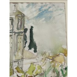 ANTICO QUADRO DIPINTO ACQUERELLO Firmato epoca 1961 PAESAGGIO Chiesa Campanile