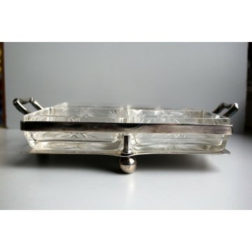  ANTIPASTIERA TRAY 4 GLASS SILVERPLATE CRISTALLO MOLATO VINTAGE FOOTED SERVING