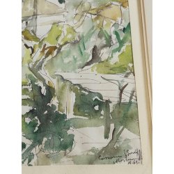 ANTICO QUADRO DIPINTO ACQUERELLO Firmato epoca 1961 PAESAGGIO Chiesa Campanile