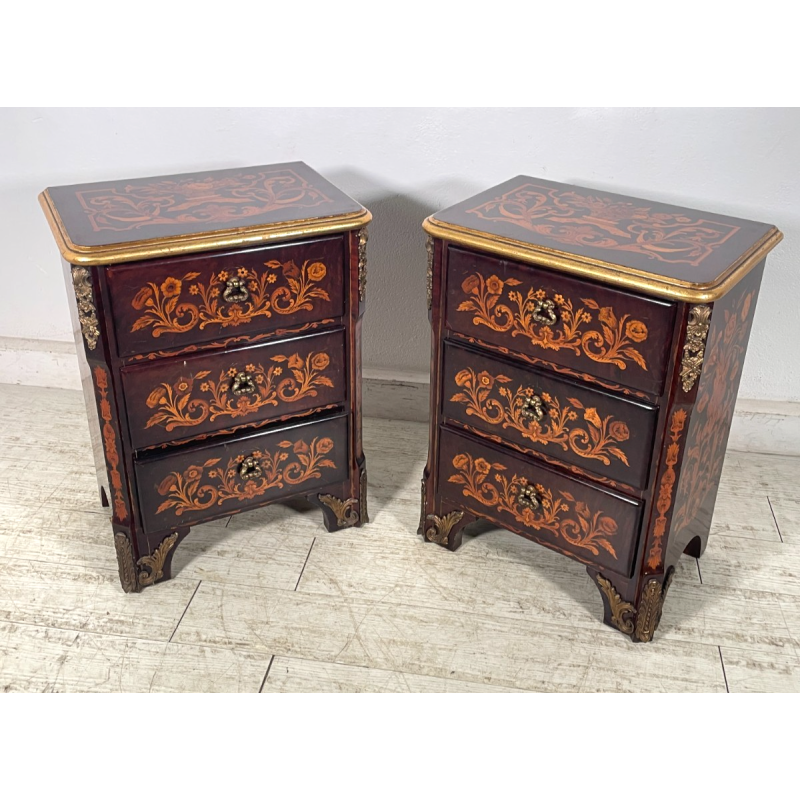 COPPIA COMODINI LEGNO INTARSIATO EPOCA '900 3 CASSETTI DECORI BRONZO DORATO