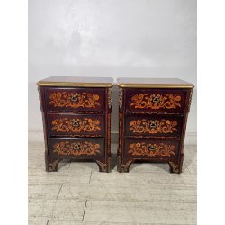 COPPIA COMODINI LEGNO INTARSIATO EPOCA '900 3 CASSETTI DECORI BRONZO DORATO
