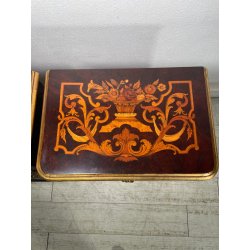 COPPIA COMODINI LEGNO INTARSIATO EPOCA '900 3 CASSETTI DECORI BRONZO DORATO