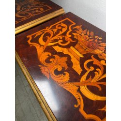 COPPIA COMODINI LEGNO INTARSIATO EPOCA '900 3 CASSETTI DECORI BRONZO DORATO