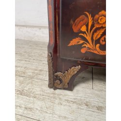 COPPIA COMODINI LEGNO INTARSIATO EPOCA '900 3 CASSETTI DECORI BRONZO DORATO