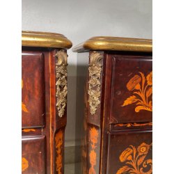 COPPIA COMODINI LEGNO INTARSIATO EPOCA '900 3 CASSETTI DECORI BRONZO DORATO