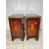 COPPIA COMODINI LEGNO INTARSIATO EPOCA '900 3 CASSETTI DECORI BRONZO DORATO