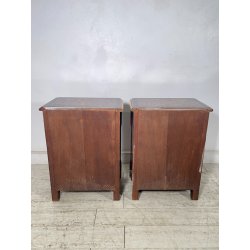 COPPIA COMODINI LEGNO INTARSIATO EPOCA '900 3 CASSETTI DECORI BRONZO DORATO